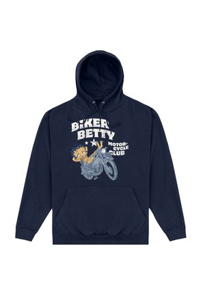 Granatowy hoodie z grafiką z przodu przedstawiającą postać z kreskówki na motocyklu, z białym napisem "Biker Betty Motorcycle Club" oraz z kieszenią z przodu.