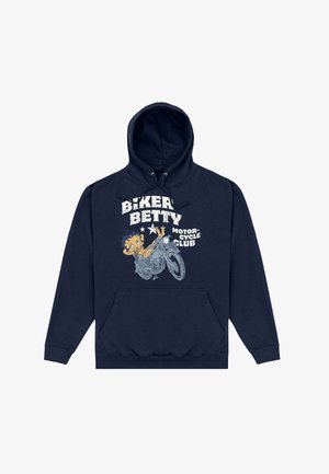 Marineblå hættetrøje med et frontgrafik af en tegneseriefigur på en motorcykel, hvid tekst med teksten "Biker Betty Motorcycle Club" og en frontlomme.