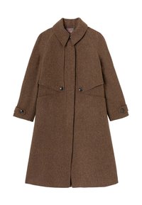 Manteau en laine marron avec un large col, présentant un devant croisé et deux grandes poches avant. Le tissu a une finition texturée.