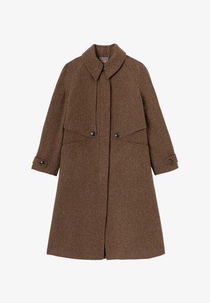 Manteau en laine marron avec un large col, présentant un devant croisé et deux grandes poches avant. Le tissu a une finition texturée.