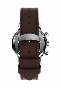 Cinturino in pelle marrone con fibbia in acciaio inossidabile argentato, caratterizzato da una finitura lucida e dettagli di cucitura sottili. Logo Timex visibile.