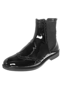 Bottines en cuir verni noir avec panneaux latéraux élastiques, ornées de couture décorative et d'un petit talon empilé. Texture lisse et brillante.