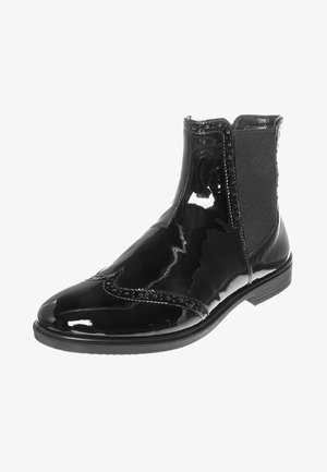 Bottines en cuir verni noir avec panneaux latéraux élastiques, ornées de couture décorative et d'un petit talon empilé. Texture lisse et brillante.