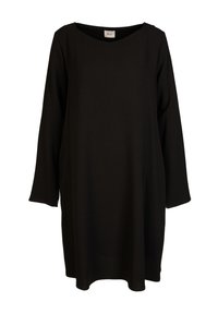Schwarzes Langarmkleid mit weitem Ausschnitt und lockerer Passform. Hergestellt aus weichem Stoff, bietet eine glatte Textur und leichte Seitenschlitze am Saum.