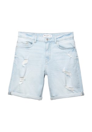 Helle blaue Denim-Shorts mit ausgefransten, eingerissenen Details, umgeschlagenen Säumen, Fünf-Taschen-Design und silbernen Beschlägen mit Knopfverschluss.