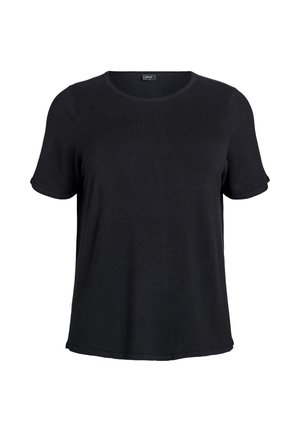 Schwarzes T-Shirt mit kurzen Ärmeln aus weichem Material, mit rundem Ausschnitt und lockerem Sitz, ohne sichtbare Muster oder Verzierungen.