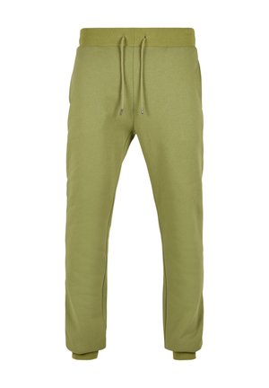 Olivgrüne Jogginghose aus weichem Stoff mit elastischem Bund, Kordelzug und gerippten Bündchen; glatte Oberfläche ohne sichtbare Muster.