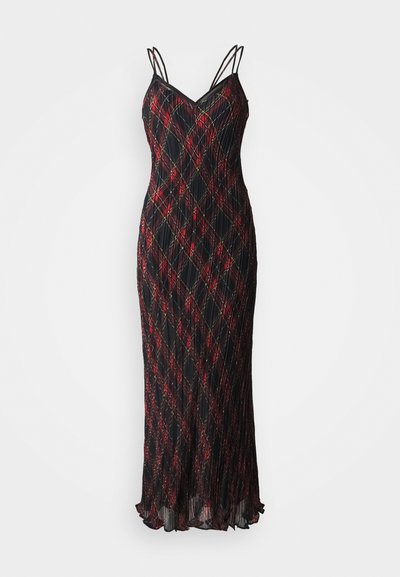 Černé bezramínkové šaty s tenkými ramínky, s červeným a zeleným kostkovaným vzorem, s plisovanou texturou a rozšířeným spodním lemem.