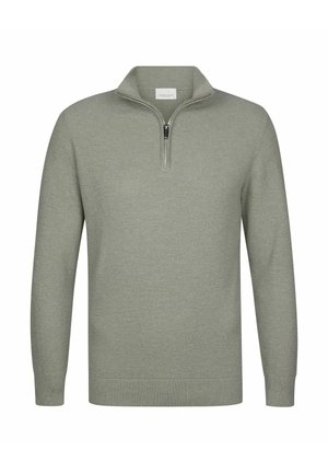 Jasnozielony pulower z półzamkiem przy kołnierzu, wykonany z fakturowanej dzianiny, z prążkowanymi mankietami i ściągaczem, cechujący się czystym, minimalistycznym designem.