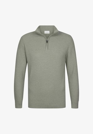 Jasnozielony pulower z półzamkiem przy kołnierzu, wykonany z fakturowanej dzianiny, z prążkowanymi mankietami i ściągaczem, cechujący się czystym, minimalistycznym designem.
