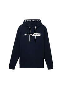 Granatowy hoodie wykonany z mieszanki bawełny, z przednią kieszenią, kapturem ze sznurkiem i białym nadrukiem logo na klatce piersiowej. Ribbed cuffs and hem.