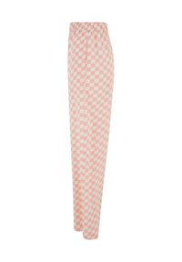Pink and white checkered elastic waist pants with a straight-leg fit, displayed against a white background.