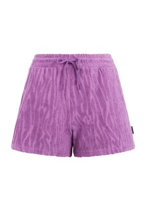 Paarse korte broek gemaakt van textiel met een zigzagpatroon, voorzien van een elastische tailleband en een trekkoord voor een verstelbare pasvorm.