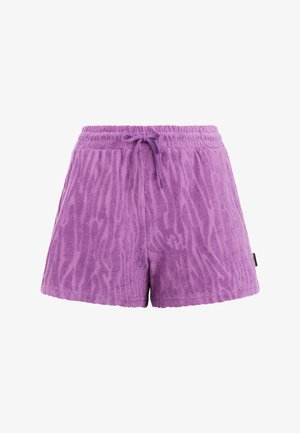 Paarse korte broek gemaakt van textiel met een zigzagpatroon, voorzien van een elastische tailleband en een trekkoord voor een verstelbare pasvorm.