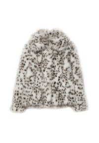 Umjetna krznena jakna bijele boje s crnim leopard uzorkom, s mekanom teksturom, okruglim izrezom i dugim rukavima. Nema vidljivih zatvarača.