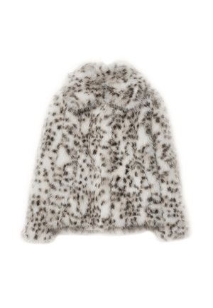 Veste en fausse fourrure blanche avec des taches léopard noires, présentant une texture douce, un col rond et des manches longues. Aucune fixation visible.