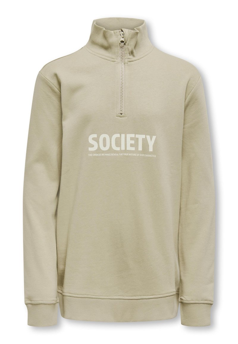 Bežani sweatshirt sa četvrtim patentnim zatvaračem i rebrastim ovratnikom, s velikim bijelim natpisom "SOCIETY" sprijeda i glatkom teksturom.