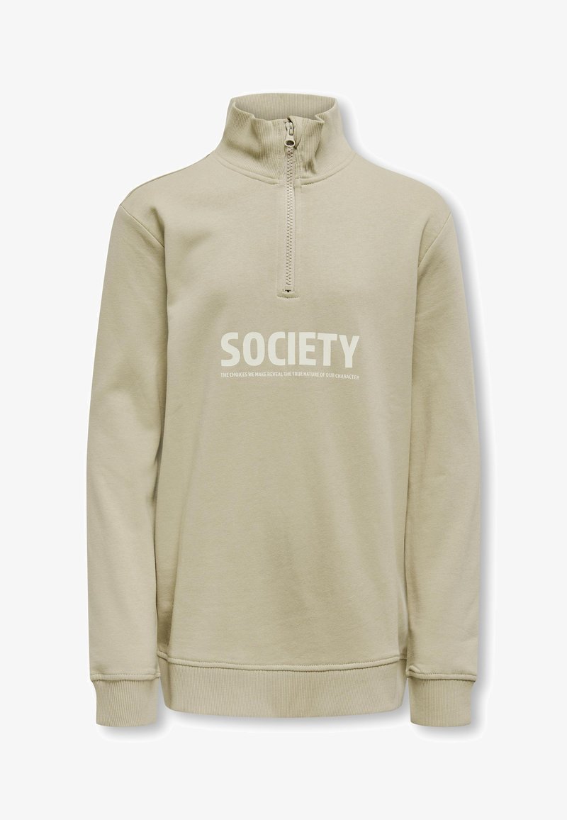 Sudadera beige de medio cierre con cuello acanalado, que presenta un gran texto blanco "SOCIETY" en la parte frontal y una textura suave.