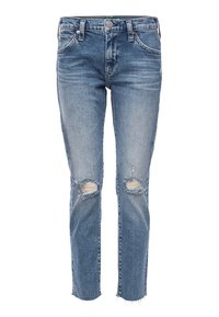 Jasnoniebieskie dżinsy z luźnym krojem, z przetarciami na kolanach i surowym dołem. Klasyczny pięciokieszeniowy krój.