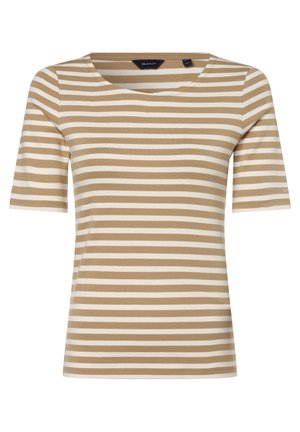 Beige ja valkoinen vaakaraitainen lyhythihainen paita, jossa on pyöreä pääntie ja GANT-merkkilappu kauluksen sisäpuolella.