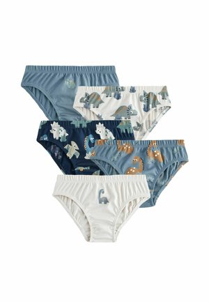 Vier Paare Kinder-Cotton-Unterhosen in Blau, Marineblau und Weiß, mit bunten Dinosaurier-Mustern und elastischen Taillenbündchen.