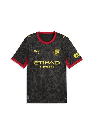 Maillot de football noir avec col et poignets rouges, logo Puma jaune, écusson du Girona FC, sponsor Etihad Airways et écusson HY sur la manche.