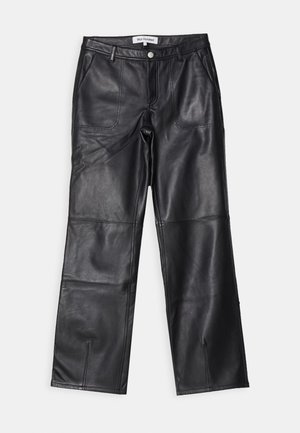 Black leather pants with a straight-leg design, featuring two front pockets, a button closure, and visible stitching details.