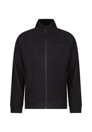 Zwarte zip-up jas gemaakt van een textuurstof. Voorzien van een hoge kraag, raglanmouwen en ribgebreide manchetten en zoom. Minimale brandingdetails.