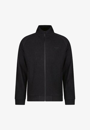 Zwarte zip-up jas gemaakt van een textuurstof. Voorzien van een hoge kraag, raglanmouwen en ribgebreide manchetten en zoom. Minimale brandingdetails.