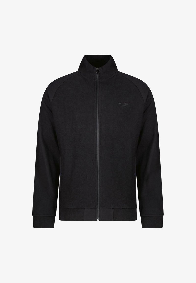 Zwarte zip-up jas gemaakt van een textuurstof. Voorzien van een hoge kraag, raglanmouwen en ribgebreide manchetten en zoom. Minimale brandingdetails.
