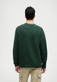 Grøn strikket sweater med et tekstureret mønster, rund halsudskæring og sænkede skuldre. Ribbet kant og manchetter tilføjer detaljer. Set fra ryggen.