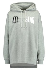 Felpa grigia chiaro in cotone misto, con la scritta "CONVERSE ALL STAR" stampata in bianco e nero. Include un cappuccio con cordino e polsini a coste.