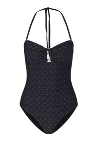 Maillot de bain une pièce noir avec un design à motifs. Doté de liens halter, d'un centre froncé et de détails métalliques. Texture de tissu lisse.