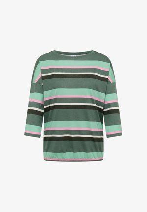 Dlouhý pruhovaný světřík se zelenými, růžovými, bílými a černými pruhy, kulatým výstřihem a mírně elastickým lemem.