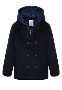 Marinblå dubbelknäppt kappa med en texturerad yta, huva och vadderad foder. Har stora knappar och sidofickor.