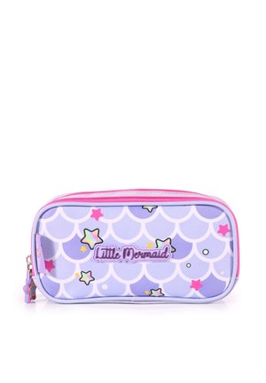 Purple pencil case with pink zipper, mermaid scale pattern, colorful starfish, and "Little Mermaid" text on the front.