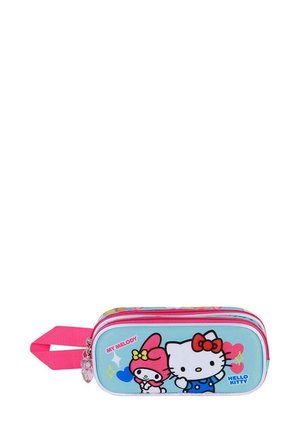 Estuche de lápices de Hello Kitty con un fondo azul, cierre rosa y asa. Presenta personajes de dibujos animados Hello Kitty y My Melody en colores vibrantes.