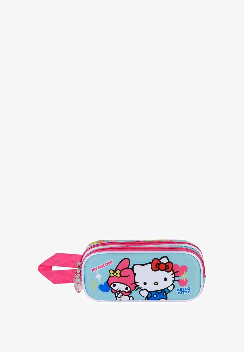 Trousse Hello Kitty avec un fond bleu, une fermeture éclair rose et une poignée. Présente des personnages de dessin animé Hello Kitty et My Melody dans des couleurs vives.