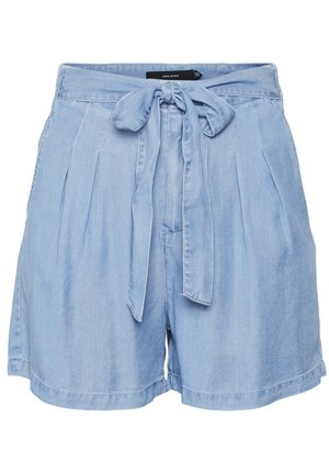 Svetlo modri jeans kratke hlače s pasom za zavezovanje, z nabranim sprednjim oblikovanjem in širokimi odprtinami za noge. Narejene iz mehkega, lahkega materiala.