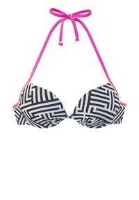 Black and white patterned bikini top with padded cups, adjustable pink straps, and a halter tie closure. Geometric design throughout.