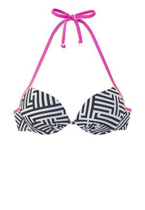 Schwarz-weiß gemusterter Bikini-Oberteil mit gepolsterten Cups, verstellbaren rosa Trägern und einem Halterverschluss. Geometrisches Design im gesamten Oberteil.