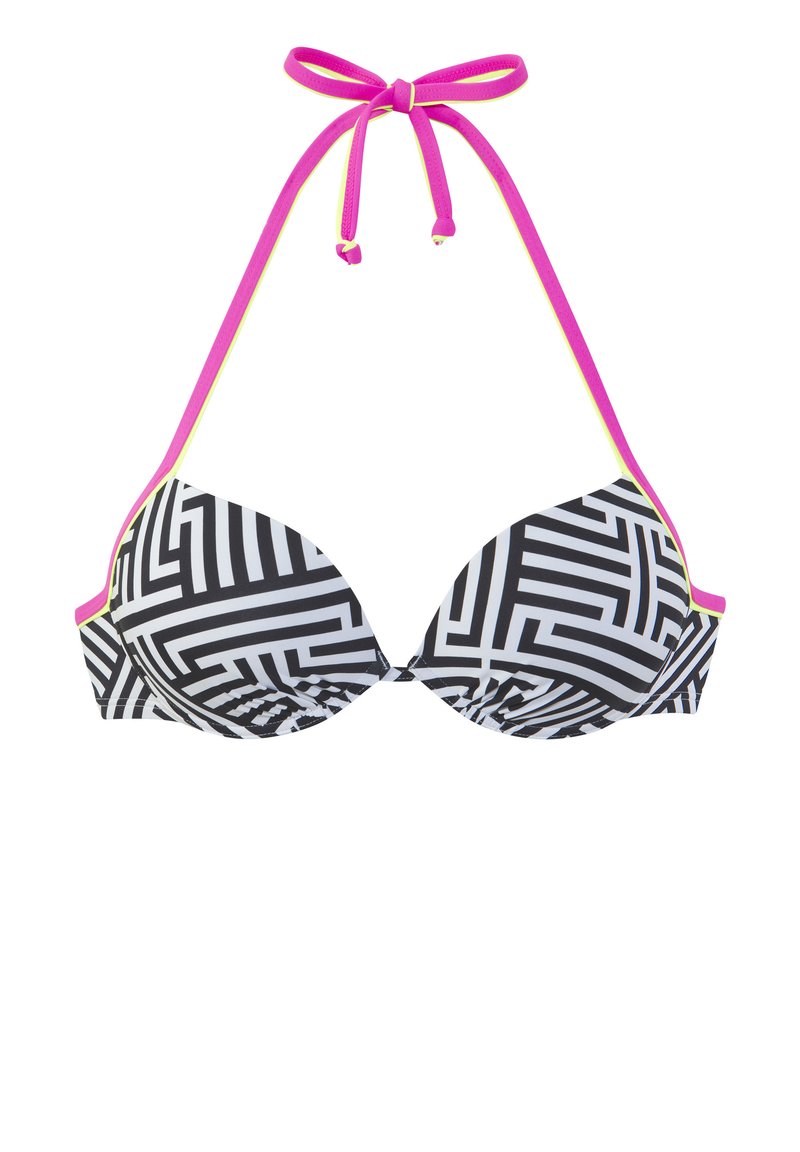 Black and white patterned bikini top with padded cups, adjustable pink straps, and a halter tie closure. Geometric design throughout.