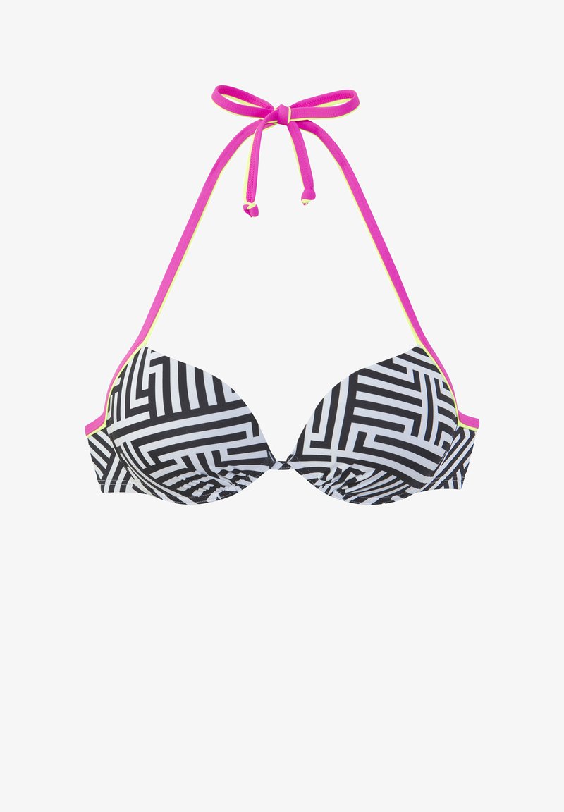 Black and white patterned bikini top with padded cups, adjustable pink straps, and a halter tie closure. Geometric design throughout.