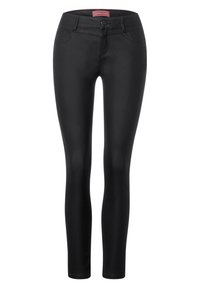 Black skinny pants made of a smooth, stretchy material. Features a front button closure, two front pockets, and a slim fit design.