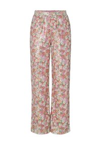 Floral wide-leg pants with reflective sequins in pink, green, and white. Elastic waistband with a smooth texture, highlighting the vibrant pattern.