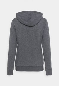 Sweat à capuche gris foncé à manches longues avec poignets et ourlet côtelés, vu de dos sur un fond clair uni.