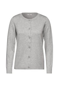 Lysegrå cardigan med rund halsudskæring og knaplukning foran. Lange ærmer og ribbede manchetter. Blødt strikket stof, klassisk pasform.