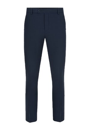 Granatowe spodnie o dopasowanym kroju wykonane z tkaniny w tkane, z płaskim przodem, szlufkami na pasek, pojedynczym zapięciem na guzik oraz slim-fit.