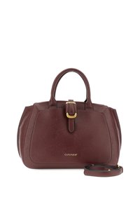 Burgundin värinen nahkalaukku, jossa on tukevat yläkahvat, kultainen solkikoristelu ja irrotettava olkahihna; tyylikäs suorakulmainen muoto, jossa on ompeluyksityiskohtia.