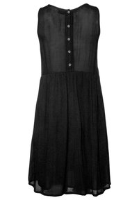 Vestido negro sin mangas con un cierre de botones en la parte trasera, hecho de una tela ligera, con una falda plisada y un escote redondo.